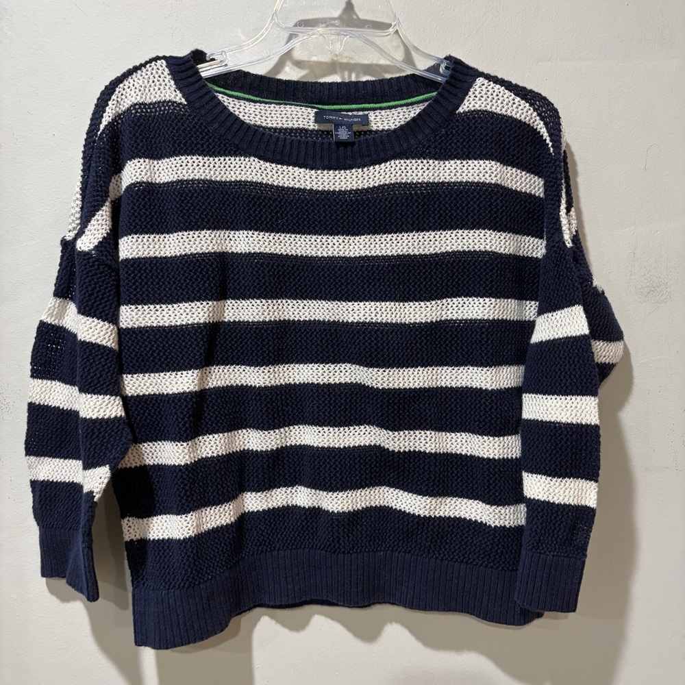 Tommy Hilfiger Knitted Top Large Women Navy Blue White Striped Knit Lightweight - Picture 2 of 7